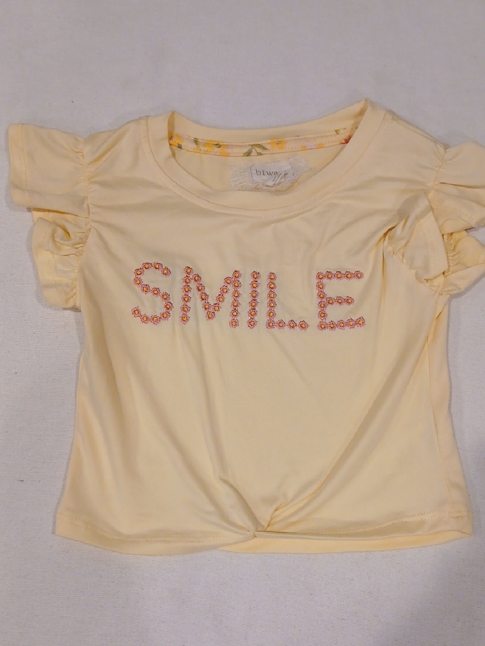 btween Pale Yellow 'SMILE' Short Sleeve Ruffle Tee